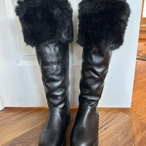 Black Faux Fur Trim Knee-High Boots